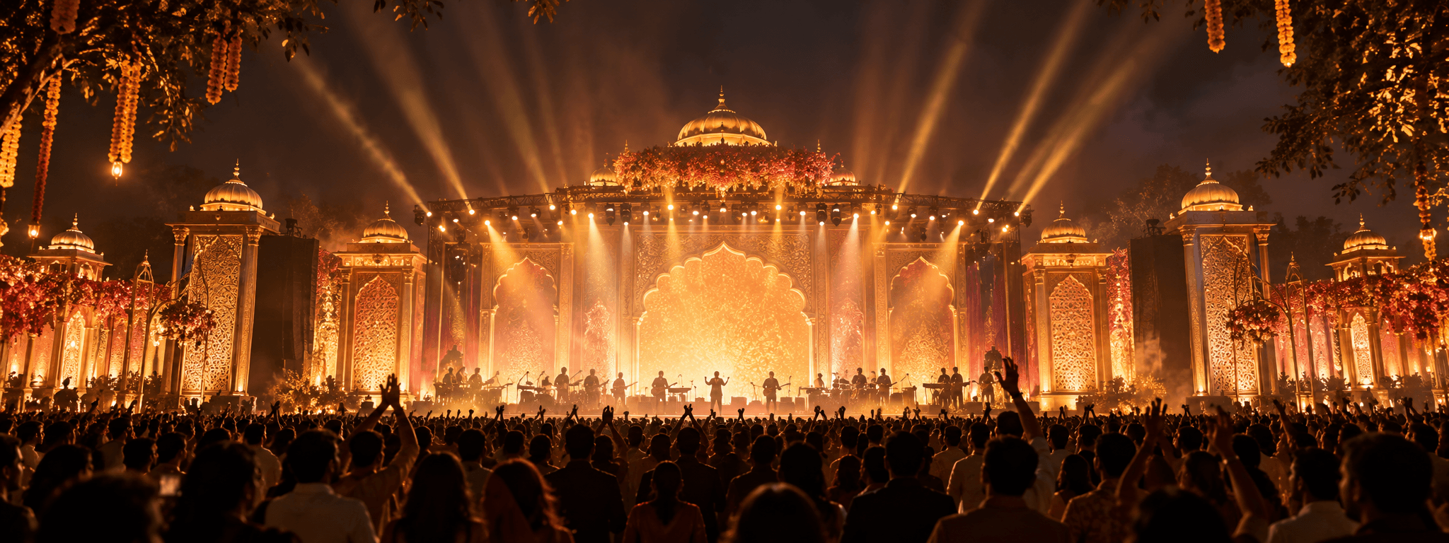 A grand PRAM DHAN cultural event with a warmly illuminated stage and audience
